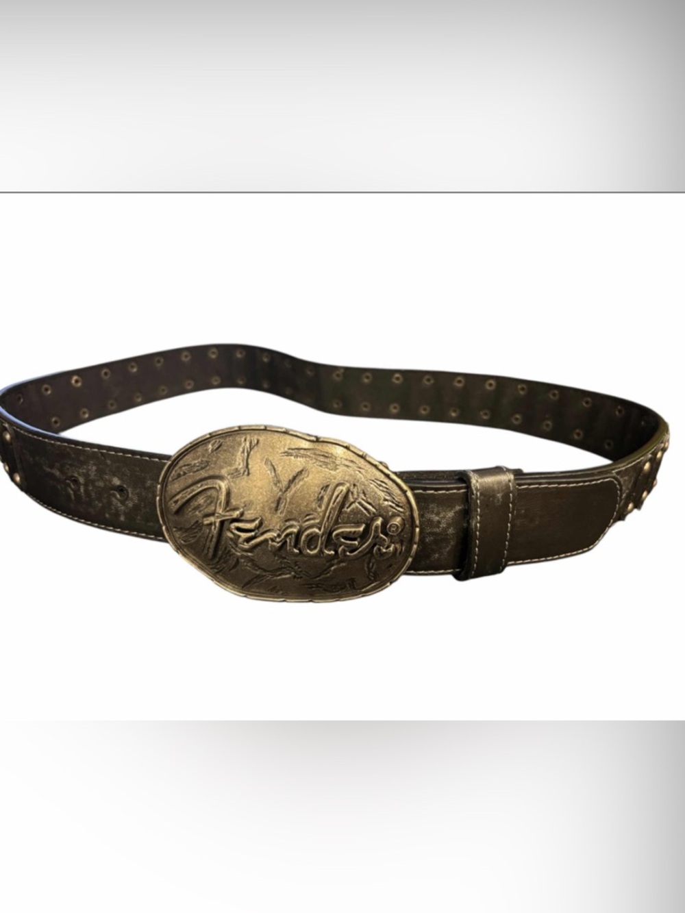 Vintage Women’s Fender Brown Leather Belt Antique Gold Fender Buckle 36
